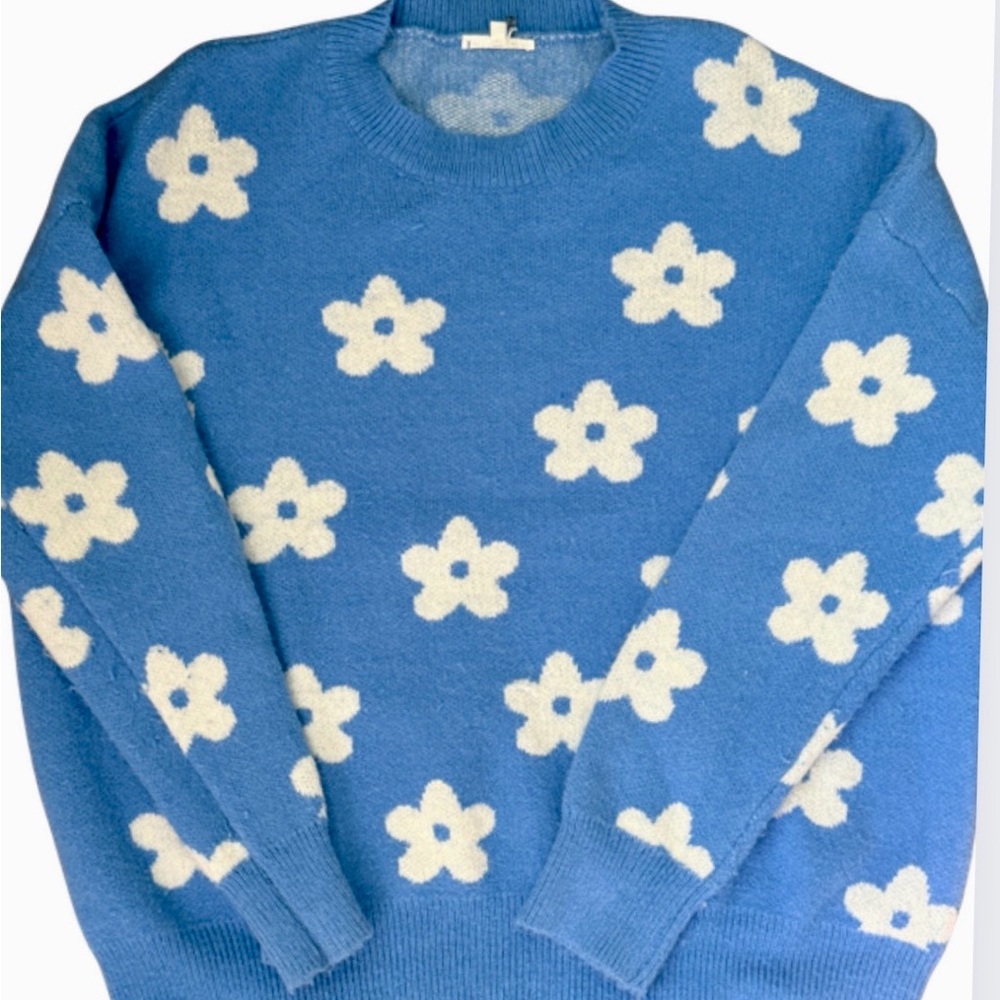 Blue Floral Crew Neck Sweater